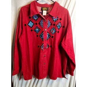 Bob Mackie Art to Wear Button up Embroidered Red Denim Shirt Jacket 1X